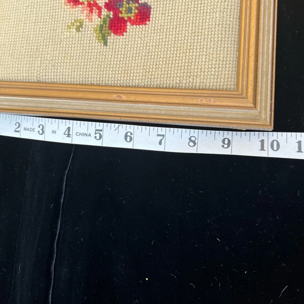 Floral Needlepoint Embroidered Framed Wall Art VTG Cottage Muted Flowers Tan